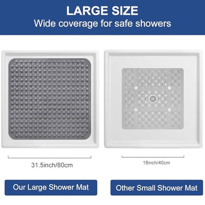 Square Shower Mat Non Slip: 32" x 32" Large Shower Mats for Inside Shower - Soft TPE Cuttable Anti Slip Shower Floor Mat with Drain Holes and Suction Cups - color: Dark Gray