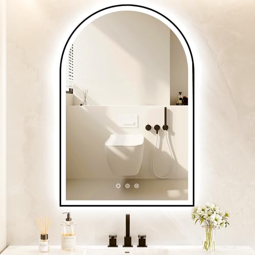 24"x36" Arched LED Lighted Bathroom Mirror with Lights | Black Aluminum Frame, Fogless, Dimmable, Shatterproof, Touch Sensor, 3 Color Changing - color: Black, size: 36"L x 24"W