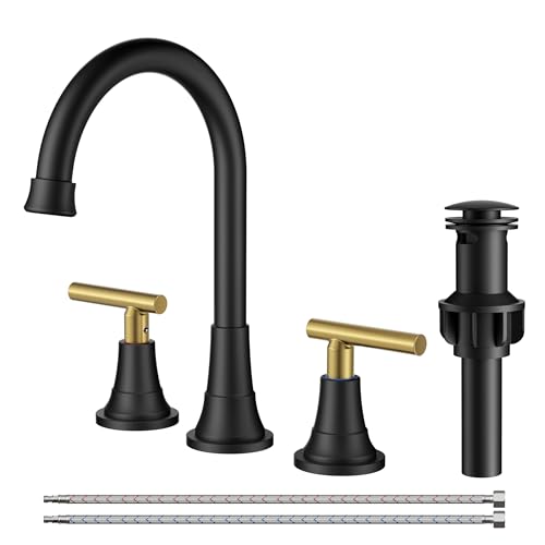 FORIOUS 8 Inch Widespread 3 Hole Bathroom Faucet Black and Gold, Mix Color | FORIOUS Widespread Bathroom Faucet Black and Gold Vanity, Two Handle Matte Black and Brushed Gold Bathroom Sink Faucet 3 Hole - color: Black&Gold