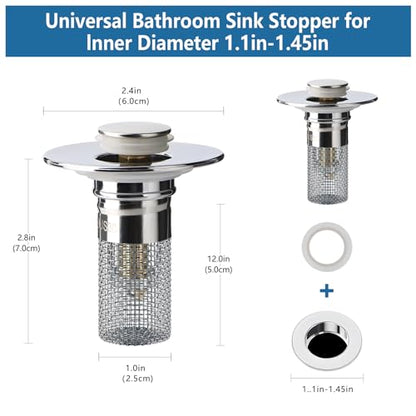 2pcs Bathroom Sink Drain Strainer Pop Up Sink Drain Stopper with Removable Stainless Steel Filter Basket, for US Universal Bathroom Kitchen Basin Sink Stopper Bathroom Sink Stopper