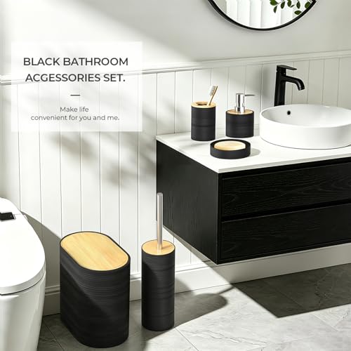 Bathroom Accessory Set, 6-Pcs Black | Trash Can, Soap Dispenser, Toothbrush Holder & Cup, Soap Dish, Toilet Brush - color: Black