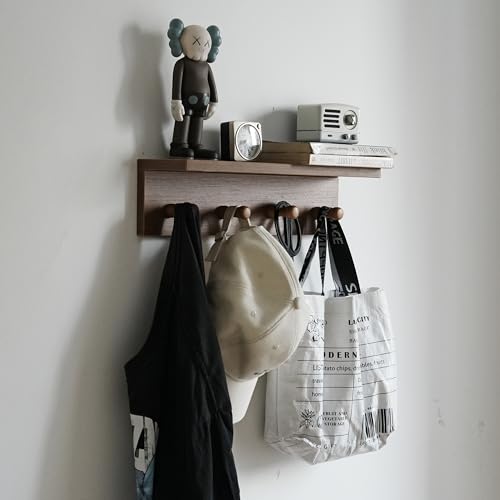 Entrance Coat Rack ，Coat Hooks, Wall-Mounted Wooden Hook Rack, Wall-Mounted Shelves are Very Suitable (Teak Colored Finish—A-1) - style: Teak colored finish—A-1