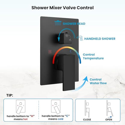 gotonovo Rainfall Bathroom Shower System Rain Shower Head and Handle Set Wall Mounted Shower Complete Combo Solid Brass Pressure Balancing Shower Mixer Valve 16 Inch Matte Black - color: Matte Black, size: 16 Inch
