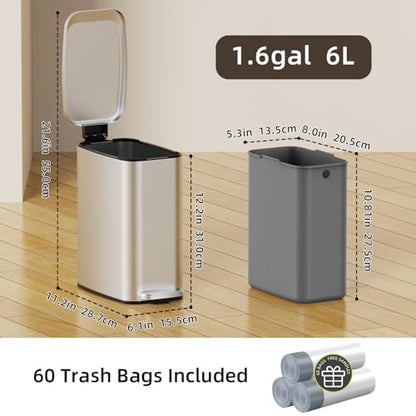 KSSKSS Small Bathroom Trash Can with Lid Soft Close, Step Pedal, 6L / 1.6 Gal Stainless Steel Garbage Bin with Removable Inner Bucket, Slim Wastebasket for Narrow Spaces (Silver) - color: Silver--P