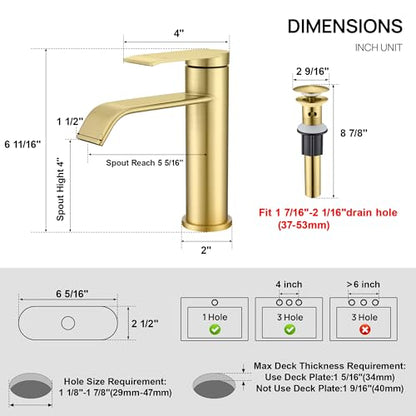 Bathroom Faucet 1 Hole with Metal Pop-up Drain - Brushed Gold | Single Handle Bathroom Sink Faucet with Supply Lines and Deck, Modern Waterfall Bathroom Faucets, G-7001BG - color: Gold