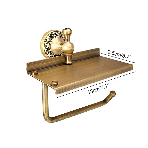 Toilet Paper Holder with Phone Shelf, Bathroom Toilet Paper Roll Holder Antique Bronze Brass Wall Mounted Bathroom Hardware Accessories,Pattern Carving Design