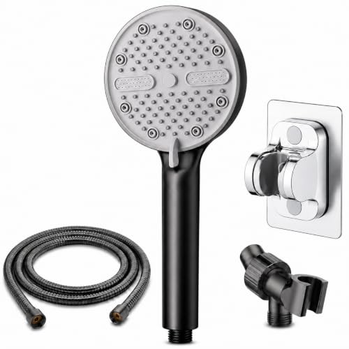 High Pressure Shower Head, Stick-on Low Mount Wall Bracket, Black | 5 Spray Modes, Water-Saving, 360° Adjustable Bracket, For Low Water Pressure Home, RV, Bathroom, Fix Firmly Kid-Friendly - color: Black