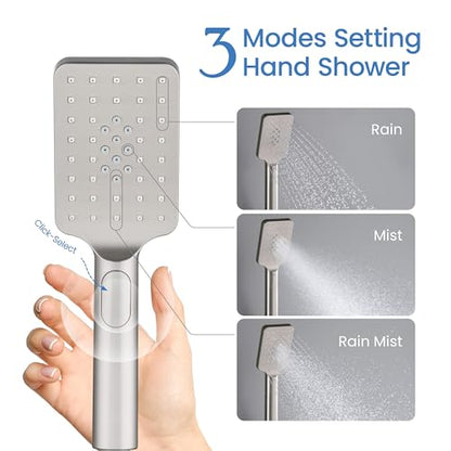 KIBI Cube 2-Function Rain Shower Column, Solid Brass, Brushed Nickel | 10in Rain Head Plus 3-Mode Handheld, Height-Adjustable, Brass Rough-in Valve, Pressure Balance, Wall-Mounted, KSC404 - color: Brushed Nickel