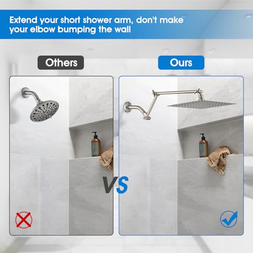 PDPBath Brass 16 Inch Shower Head Extension Arm, Upgrade Flexible Height & Angle Adjustable Shower Arm Extender with Lock Joints, for Fixed Shower Head & Handheld Shower Head, Brushed Nickel - color: Brushed Nickel, style: 6 Inch + 10 Inch