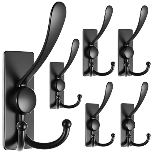Self Adhesive Towel Hooks, Matte Black Metal Hooks,Waterproof Stainless Steel Hanger Coat Hooks for Hanging Coat,Towels, Bath Robe in Bathroom Kitchen Home - size: 6 Pack-Rectangular Three-Hook