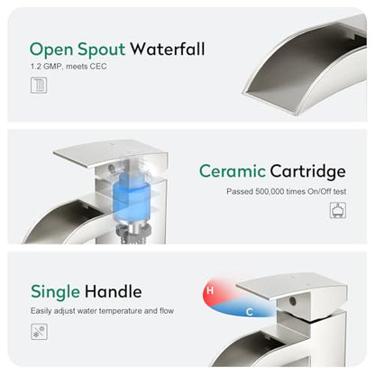 CREA Waterfall Bathroom Faucet 1 Hole Single Handle Brushed Nickel Bathroom Sink Faucet with Drain/ 3 Hole Deck Plate Stainless Steel Vanity Basin Mixer Tap(cUPC Hot Cold Water Supply Line) - color: Brushed Nichel, style: Open Waterfall