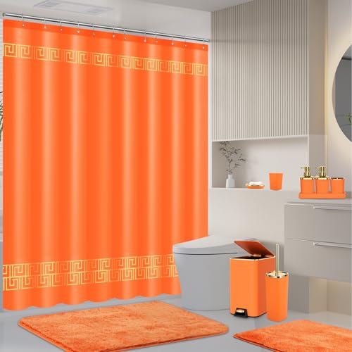 XLHOMO 11PCS Bathroom Sets with Shower Curtain and Rugs Bathroom Accessories Set Orange Bathroom Set,Soap Dispenser & Toilet Brush Holder Set with Stainless Steel Trash Can - size: Orange, style: Bath Set+Shower Curtain+Bath Rugs