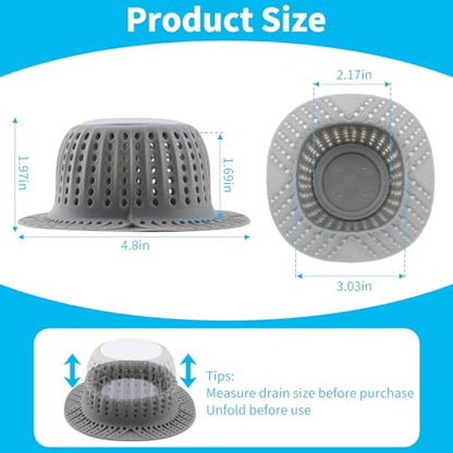 2 Pack Bathtub Drain Hair Catcher for Dog Hairs, Silicone Shower Hair Catcher, Dog Hairs Drain Protector for Pop-Up and Regular Drains of Shower, Tub, Bathroom and Sink, Grey