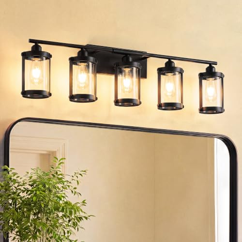 5-Light Matte Black Bathroom Light Fixtures Over Mirror with Clear Glass and Metal Cage Shade, 38" UL-Listed Modern Farmhouse Wall Sconce for Bath, Hardwire E26, OS-3014BK-5W - color: Black + Clear Glass, size: 5-Light, 38.5" L