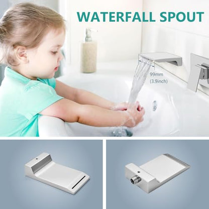 Wall Mount Bathroom Faucet, Brass, Polished Chrome, Waterfall Spout, Single Handle, Rough-in Valve Included | SUS304 Waterfall Spout, Rough-In Valve, Single-Handle Control, 1/2-Inch NPT, Flexible Handle Placement - color: Polish Chrome
