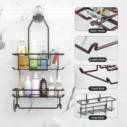 Shower Caddy Hanging over Shower Head Rust Roof Shower Organizer with 10 Hooks for Razor Shampoo Holder Bathroom Shower Rack Storage Shelf with Towel Bar – Bronze
