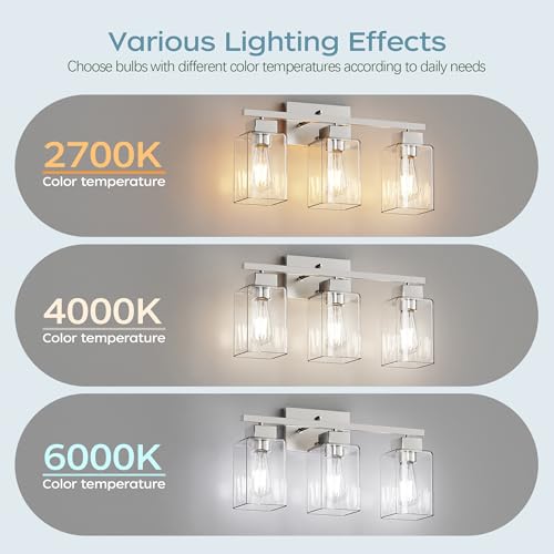 3-Light Bathroom Light Fixtures, Brushed Nickel Modern Vanity Lights, Bathroom Lighting Fixtures Over Mirror, Square Design Farmhouse Wall Sconces with Clear Glass Shades - color: Brushed Nickel, size: 3-Light