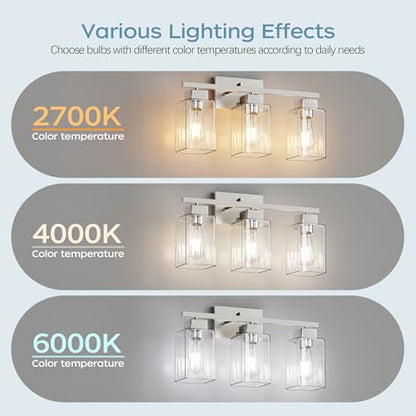 3-Light Bathroom Light Fixtures, Brushed Nickel Modern Vanity Lights, Bathroom Lighting Fixtures Over Mirror, Square Design Farmhouse Wall Sconces with Clear Glass Shades - color: Brushed Nickel, size: 3-Light
