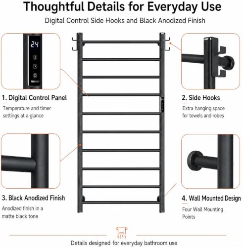 800mm Heated Towel Rack 8 Bar Wall Mounted Electric Towel Warmer Black - color: Black Anodized Finish, size: 8-Bar / 800 x 550 mm