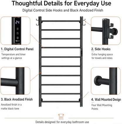 800mm Heated Towel Rack 8 Bar Wall Mounted Electric Towel Warmer Black - color: Black Anodized Finish, size: 8-Bar / 800 x 550 mm