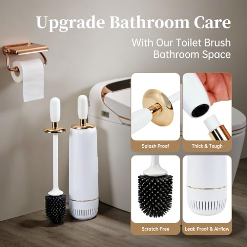 Toilet Brush and Holder Set, Luxury Toilet Brush & Sleek Stand, High-End Modern Silicone Toilet Brush Set, Non-Scratch Hygienic, Odor-Free Design - Easy to Clean (Matte Black + Gold, B) Father's Day - color: Matte Black + Gold