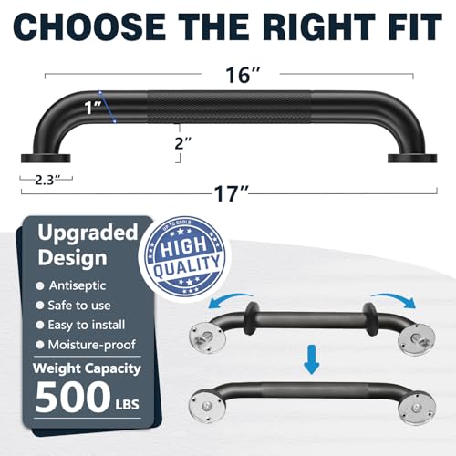 Anti Slip Grab Bars for Shower, 2 Pack 16 Inch Textured Bathroom Safety Grab Bar, 304 Stainless Steel Non-Slip Handle for Seniors Elderly, Handicap Bathtub & Toilet Support, Matte Black