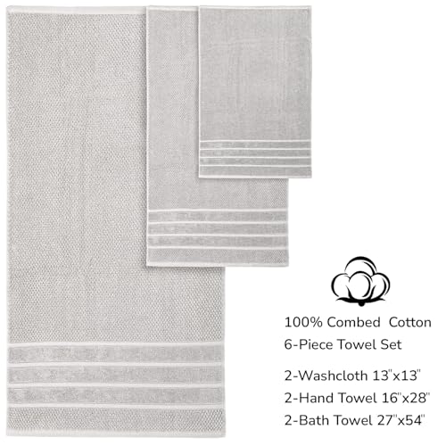 Feather & Stitch 100% Cotton 625 GSM Bath Towel Set of 6, Ultra Soft Highly Absorbent 2 Bath Towels, 2 Hand Towels & 2 Washcloth - Luxury Quick Dry Shower Towels (Silver) - color: Silver