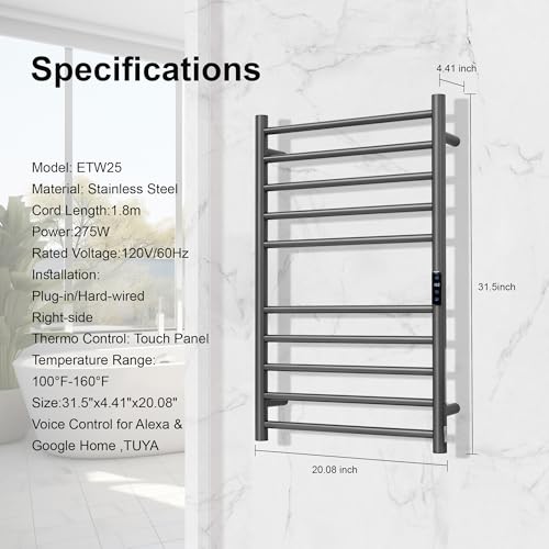 Electric Towel Rack with Voice Control for Alexa & Google Home,TUYA-Wall-Mounted Bathroom Heating Towel Warmer,Stainless Steel Material,31.5x20.08x4.41in,Plug-in,Gunmetal Grey,10 Bars - color: Gungrey With Wifi, size: 10 Bar