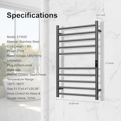 Electric Towel Rack with Voice Control for Alexa & Google Home,TUYA-Wall-Mounted Bathroom Heating Towel Warmer,Stainless Steel Material,31.5x20.08x4.41in,Plug-in,Gunmetal Grey,10 Bars - color: Gungrey With Wifi, size: 10 Bar