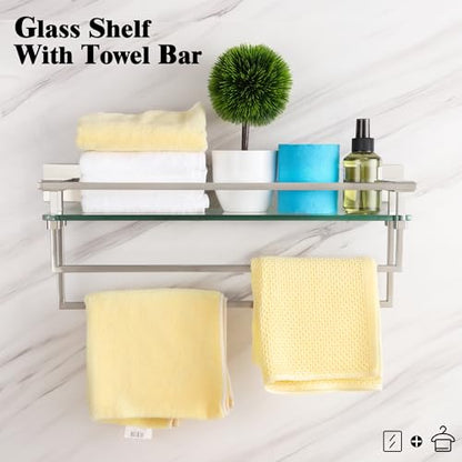 LANC Bathroom Shelves - 20 Inch Floating Tempered Glass Shelf with 2 Towel Rails for Modern Shower Bath Storage - Wall Mounted Stainless Steel Brushed Nickel, A7617BN - color: Brushed Nickel