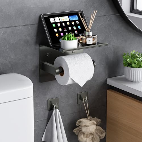Tindbea Mega Size Toilet Paper Holder with Shelf + Towel Robe Hooks, Adhesive or Screw Wall Mounted Toilet Paper Roll Holder, Stainless Steel Bathroom Hardware Set (Polished Grey) - color: Polished Grey, size: Large