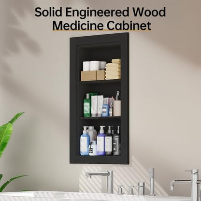 Recessed Medicine Cabinet,14x24 Recessed Wall Niche Medicine Cabinet Replacement, Water-Proof Wood Wall Niche for Bathroom/Hallway, Black - color: Black, size: 14x24