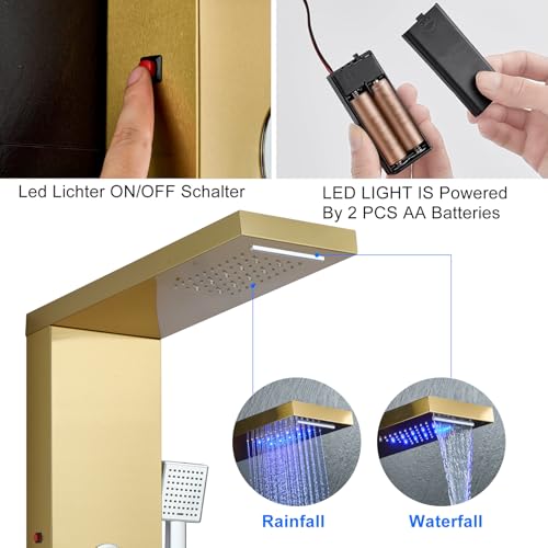5-in-1 Shower Panel Tower System with LED Lights, 2-in-1 Body Massage, Rainfall, Waterfall,Handheld and Tub Spout, Stainless Steel Shower Column - Gold - color: Gold - 2-in-1 Body Jets