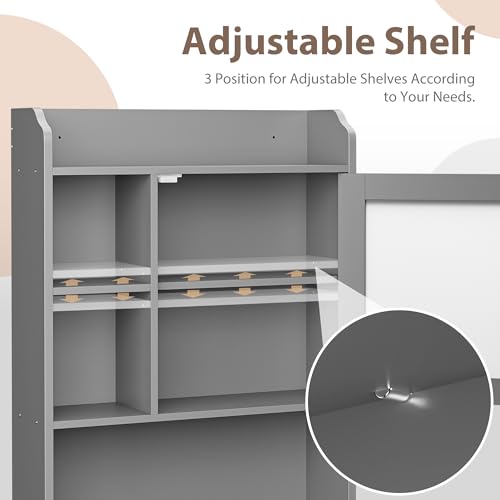 SUPER DEAL Over The Toilet Bathroom Storage Cabinet Freestanding Wooden Bathroom Organizer with Adjustable Shelves and Glass Door, Gray - color: Grey