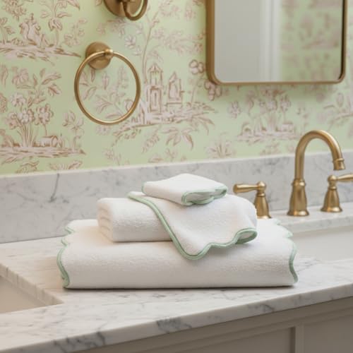 Lotus Linen Scallop Piping Towel Set of 6, 100% Zero Twist Cotton, 2 Bath, 2 Hand Towels, 2 Washcloths, Hanging Loops, Soft Absorbent Bathroom Essentials (Sage Green Piping, Towel Set (Pack of 6)) - color: Sage Green Piping, size: Towel Set (Pack of 6)