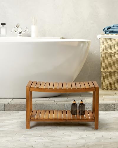 Upolana Teak Shower Bench, 32" Solid Wood Shower Stool for Inside Shower to Sit On, Wooden Bathroom Shower Seat Waterproof