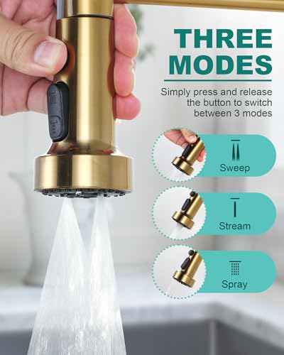 Pull Down Faucet Head Replacement: 3-Function Kitchen Faucet Head with 9 Adapters - Brushed Gold Kitchen Sink Spray Replacement Compatible with Moen, Delta, American Standard Faucets - color: Brushed Gold