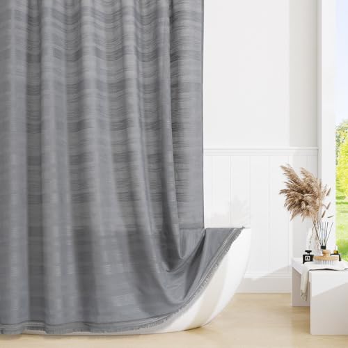 Boho Farmhouse Shower Curtain Set with Tassel, Linen Bohemian French Country Chic Bathroom Shower Curtain Set, Modern Striped Textured Shower Curtain 72x72 - Light Grey - color: Lightgrey, size: 72"W x 72"L (Pack of 1)