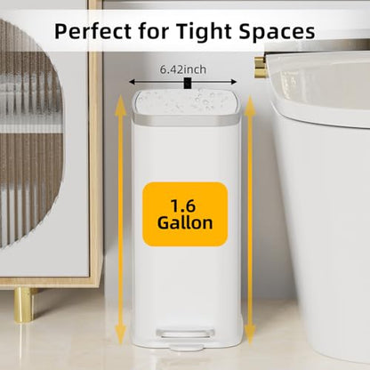 KdbK Stainless Steel Bathroom Trash Can with Lid Soft Close,1.6 Gallon Slim Garbage can,Small Metal Step Wastebasket for Office, Bedroom, Toilet, White - color: White