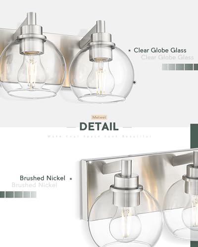 Bathroom Light Fixtures, 3-Light Brushed Nickel Vanity Light, Modern Wall Sconces with Globe Clear Glass Shade, Vanity Lighting Fixtures Over Mirror, VL195-BN-CL-3 | 18" modern bathroom light fixtures over mirror, E26 base, bulbs not included, VL195-BN-CL