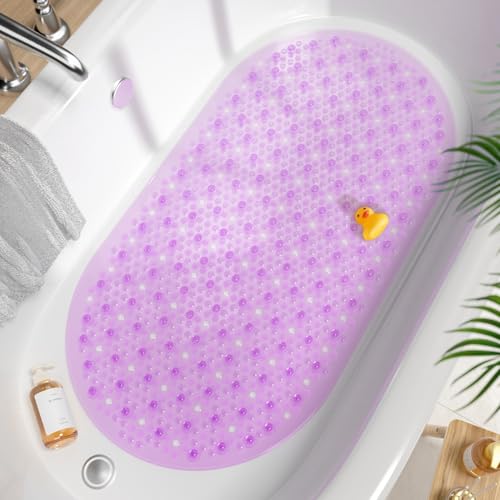 HITSLAM Oval Bathtub Mat Non Slip, 27x15 Inch Bubble Bath Tub Mat for Bathroom, Machine Washable Shower Mat with Suction Cups and Drain Holes, Purple - color: Purple, size: 27" x 15" (Oval)