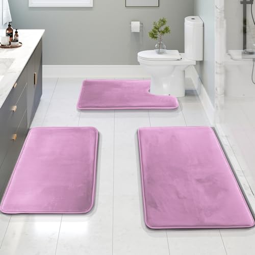 Clara Clark 3 Piece Bathroom Rugs Bath Mat Set, Velvet Memory Foam Bath Mats for Bathroom - Non-Slip, PVC Backing Bath Rugs, Washable - Dries Quickly, Lavender - color: Lavender Dream