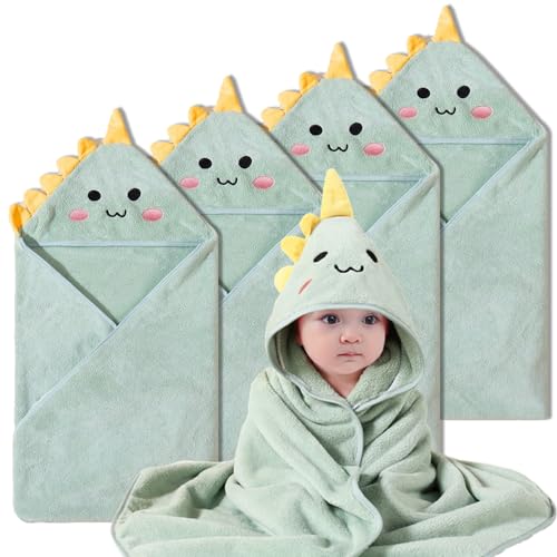 Baby Hooded Towels 4 Pack Unisex Bath Essentials 31.5x31.5 in Coral Fleece Super Soft Absorbent Baby Towels Newborn Necessities Gift Baby Stuff Towel with Hood for Boy, Girl, Babies, Toddlers - color: 05 Green Ginosaur-4pack