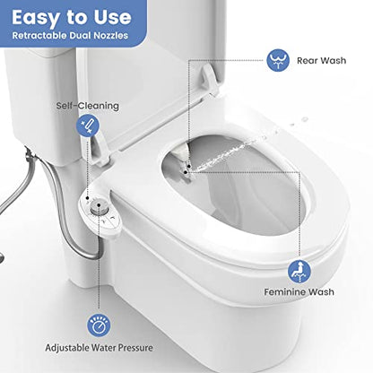 Ultra-Slim Bidet Attachment for Toilet - Effortless Non-Electric Self-Cleaning Dual Retractable Nozzles Bidets Toilet Seat, Adjustable Water Pressure Fresh Water Sprayer Baday