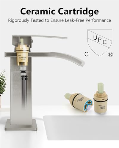 Brushed Nickel Waterfall Bathroom Faucet 1-Handle Vanity Faucet | Stainless Steel Modern Bathroom Sink Faucet,Pop-Up Drain, Supply Lines 6-in Deck Plate, 1- or 3-Hole, NSF Certified - color: Nickel