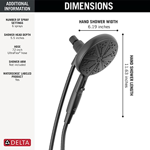 Delta Faucet 6-Spray SureDock Magnetic Shower Head with Handheld Spray, Black Shower Head with Hose, Showerheads & Handheld Showers, Handheld Shower Heads, Hand Shower, Matte Black 75613-BL - color: Matte Black