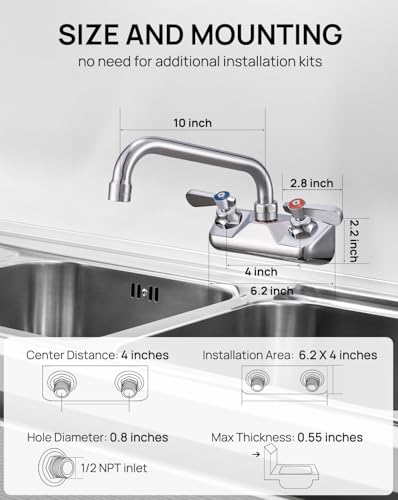 4" Center 10" Spout Commercial Wall Mount Sink Faucet for Restaurant & Bar | Solid Brass with Chrome Finish, 1.8 GPM Stainless Swivel Spout, Leak-Free Washerless Ceramic Cartridge Valve, 1/2" NPT Male - size: 4" center 10" spout