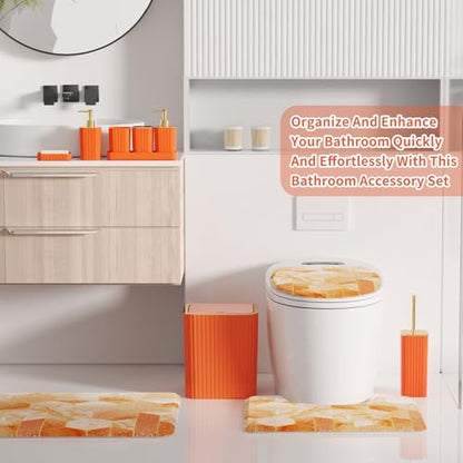 XLHOMO Bathroom Set - 26PC Bathroom Set with Shower Curtain and Rugs, Bathroom Accessory Set, Orange Bathroom Accessories Set, Trash Can & Soap Dispenser - style: Orange&Gold