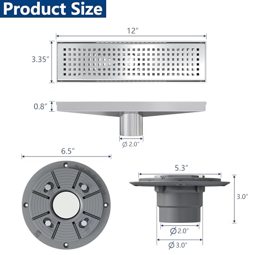 Neodrain 12-Inch Brushed Linear Shower Drain with Quadrato Pattern Grate | 304 Stainless Steel Linear Drain,Rectangle Shower Floor Drain with Hair Strainer, shower drain base ,Fits Bathroom, Balcony - color: Brushed, size: 12 In