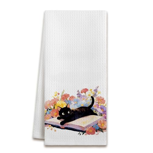 Floral Bookish Black Cat Kitchen Dish Towels, Black Cat Gifts for Women, Gifts for Books Lovers Reader Decorative Hand Tea Towels for Bathroom Kitchen, 16x24 Inches - color: Color-a15
